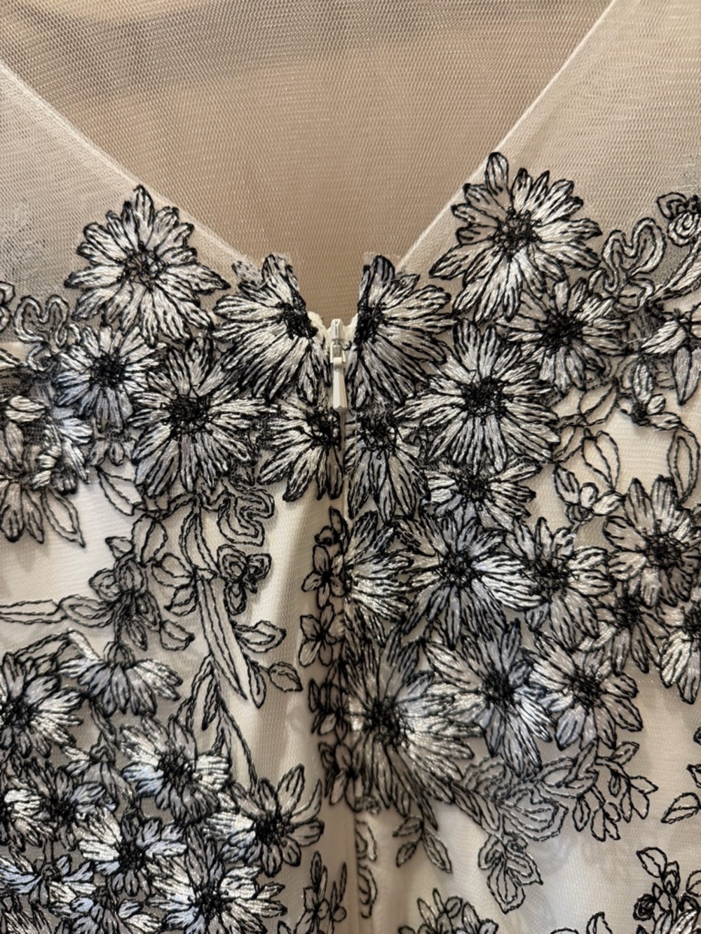 Tadashi Shoji White Dress with Black Floral Embroidery and Sheer Yoke - Picture 6 of 7